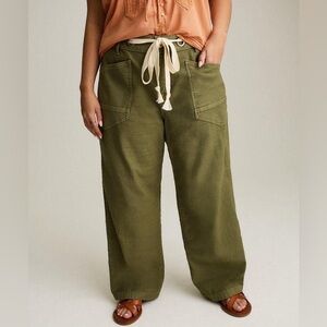 Olive Wide-Leg Utility Pants with Drawstring Waist